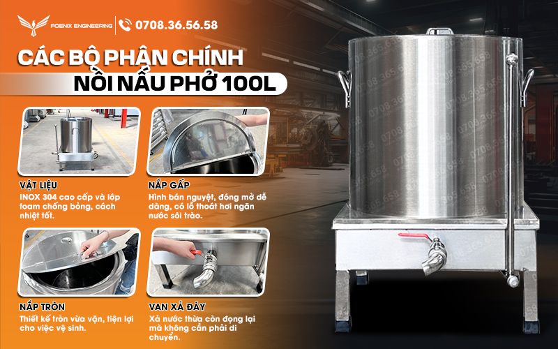 Nồi nấu phở 100L có thiết kế van xả đáy tiện lợi 