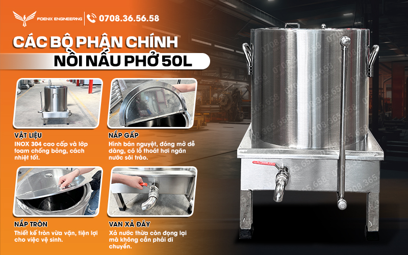 Nồi phở 50L làm từ vật liệu INOX 304 cao cấp và lớp foam chống bỏng