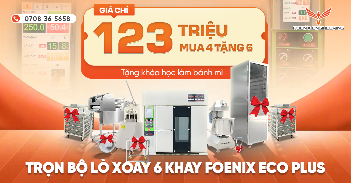 Chương trình khuyến mãi dây chuyền làm bánh mì xoay 6 khay Foenix Eco Plus