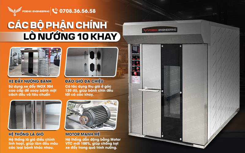 Lò nướng bánh mì xoay 10 khay có động cơ Motor VTC mạnh mẽ