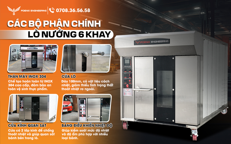 Lò nướng bánh mì xoay 6 khay điện được làm từ Inox 304 cao cấp