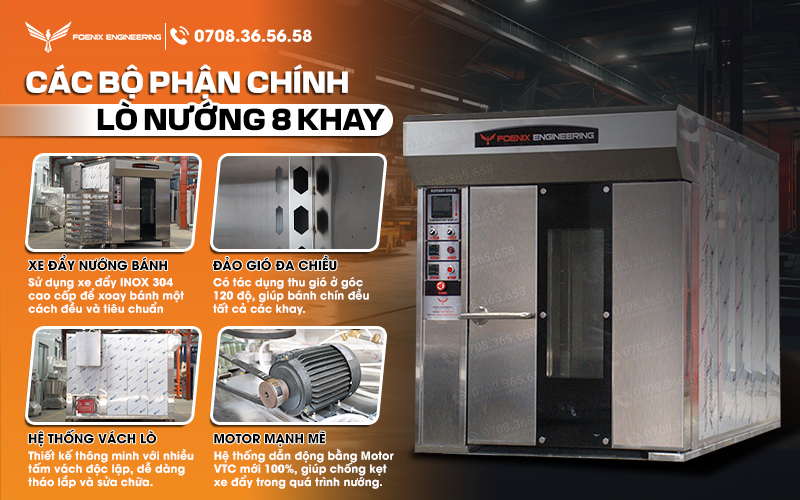 Lò nướng bánh mì xoay 8 khay điện đi kèm xe đẩy nướng bánh Inox 304