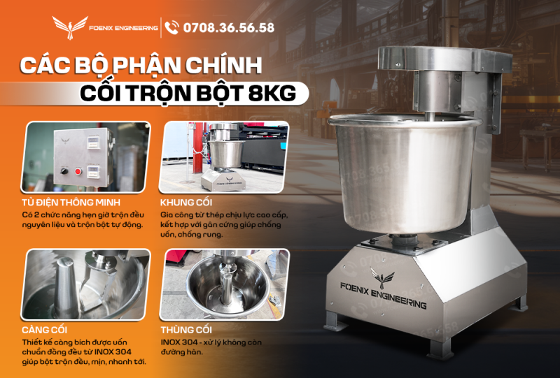 Các bộ phận chính của máy trộn bột công nghiệp 8kg Foenix Engineering